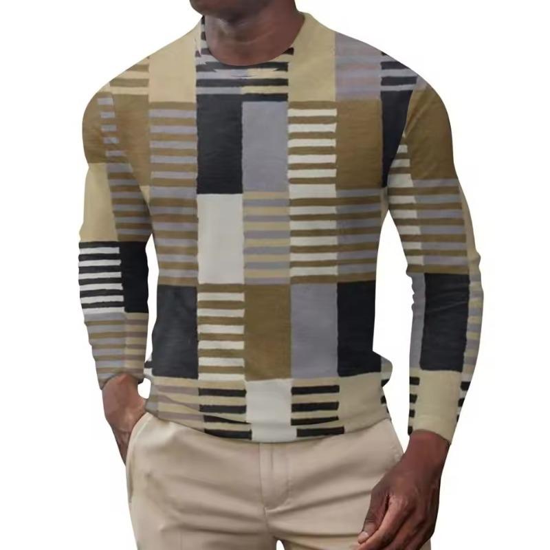 Men's Spring Summer Long Sleeve T-Shirt Green Geometric Patchwork Print Casual Streetwear