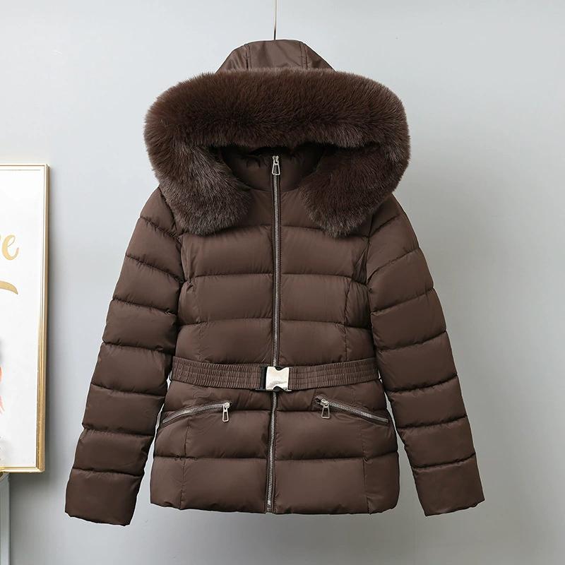 Hooded Collar Puffer Jacket Women Winter Large Fur Coat Women with Belt Warm Loose Parka Ladies Cotton Padded Overwear