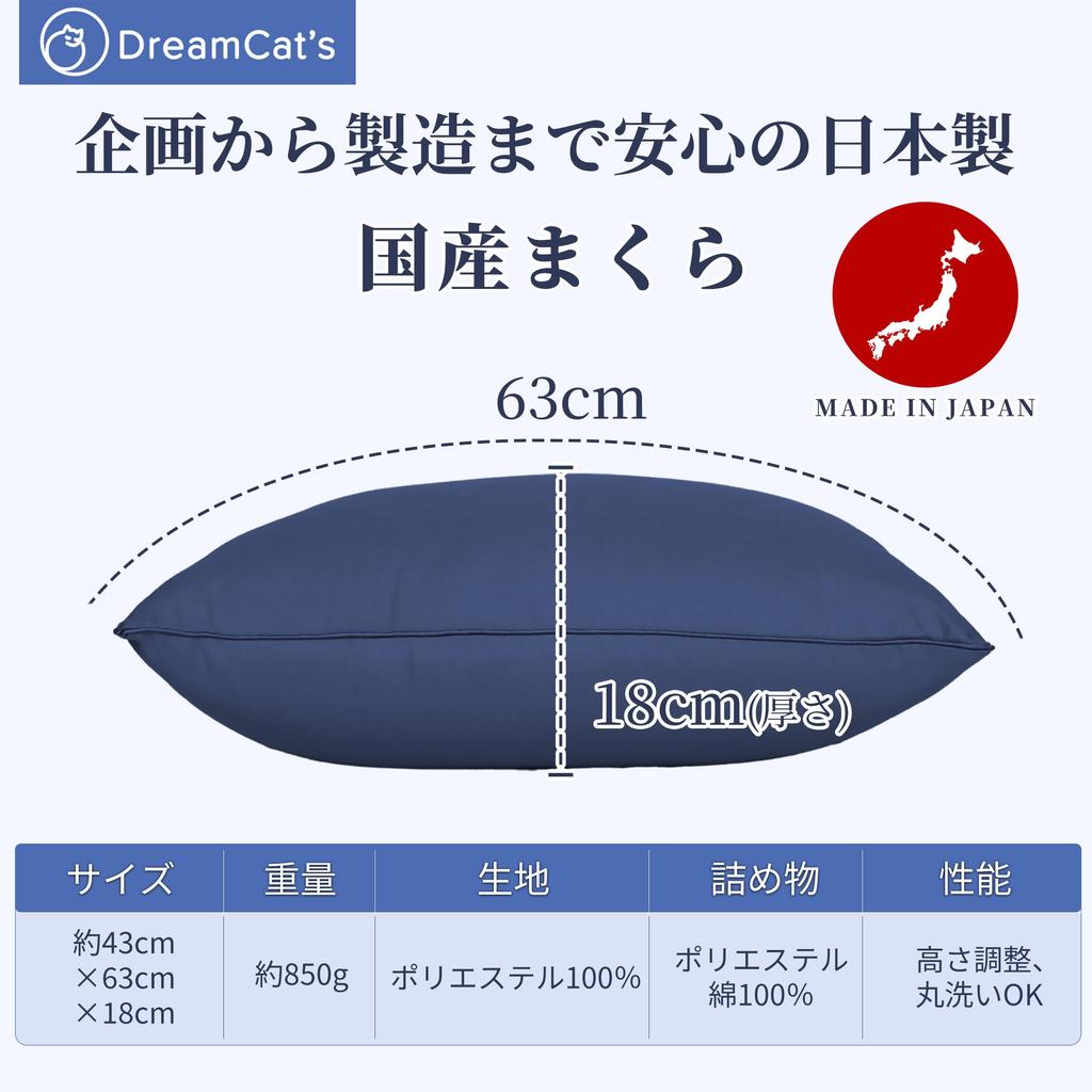 DreamCat's Luxury Hotel-Quality Pillow, Made In Japan, Fully Washable, No Neck Pain (Navy (63x43cm))