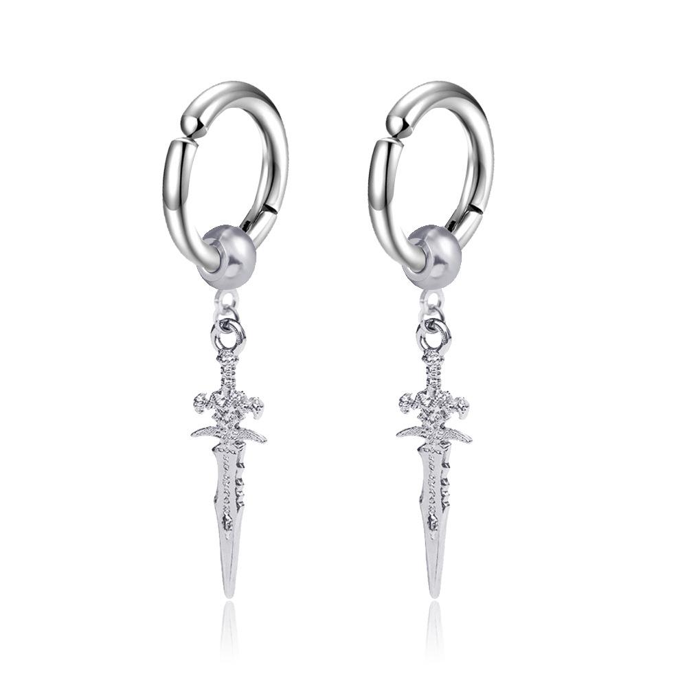 1 Pairs Stainless Steel Painless Ear Clip Earrings for Men Women Punk Sword Cross Black Non Piercing Fake Earrings Jewelry Gifts
