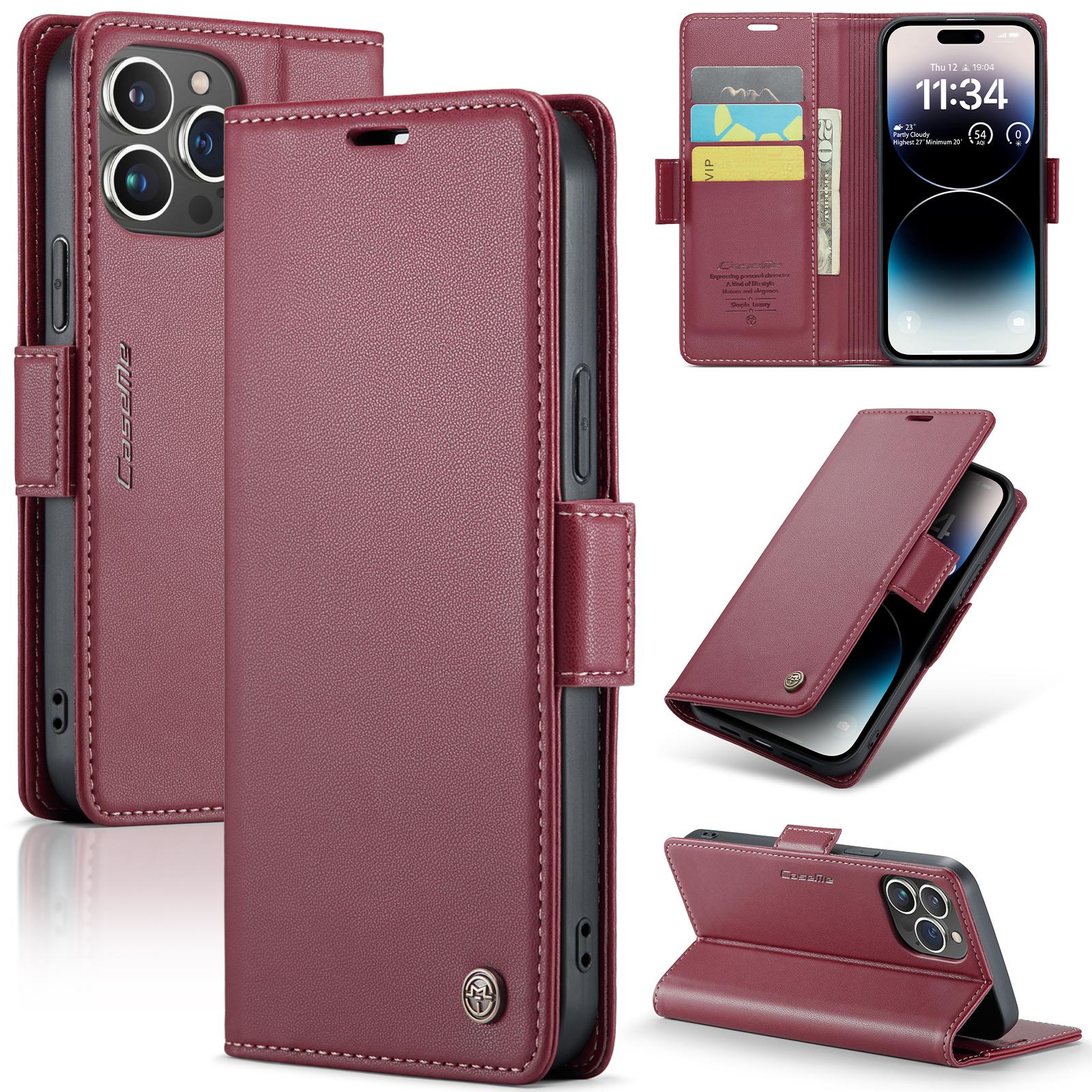 

CaseMe-023 For iPhone 13/14/15/16/16e/17e /17 Pro Max Luxury PU Leather Case Stand Card Holder Wallet Cover Protector Skins Shell For iPhone 17 Pro Max вина червоного кольору