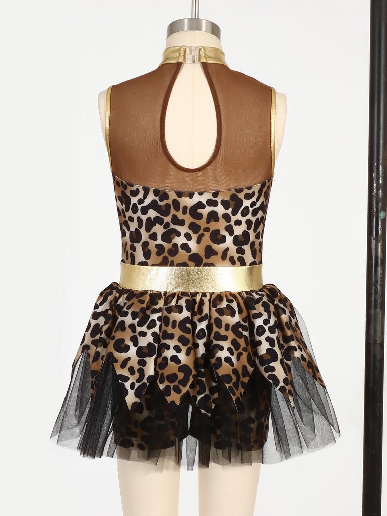 Girls Caveman Cosplay Leopard Pattern Jumpsuit Gloves Mesh Metallic Shiny Patchwork Sleeveless Tutu Skirt