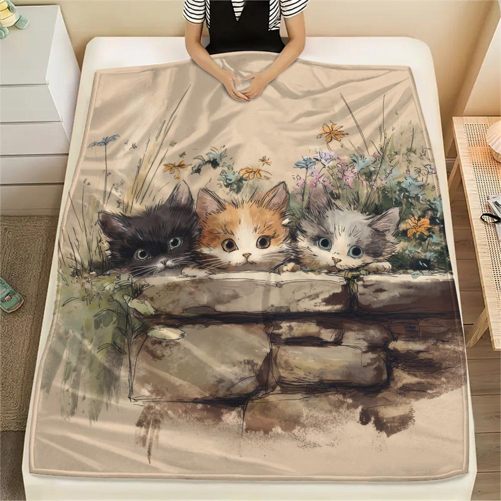 Peeking Cats Print Flannel Blanket, High quality Comfortable for All Seasons, Home Decor, Warmth and Comfort