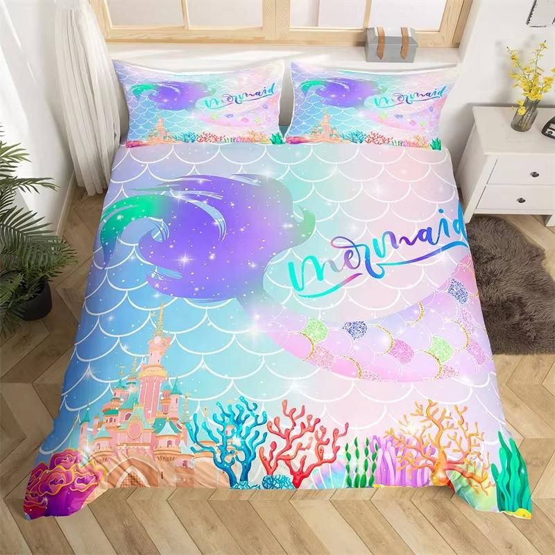 

Одеяло Чешуя Рыбы Хвост Русалки Полностью Микрофибра Девочковый Ракушка Морская Звезда Постельное Белье Комплект Для Ребенка Подростка Кавайная Декор Комнаты Comforter (quilt)-EU Single(135*200cm)3pcs
