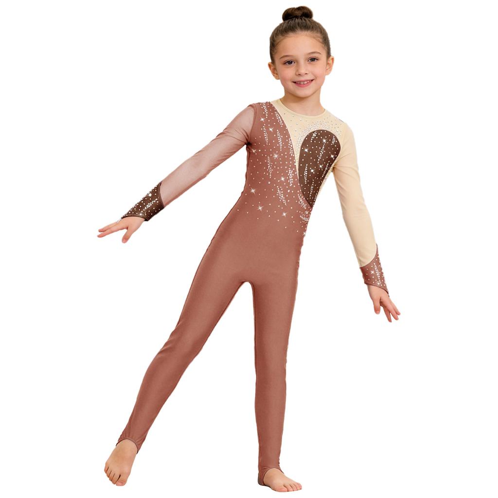 Veelzijdige Trainings- & Wedstrijdjumpsuit voor Kinderen Meisjes: Kenmerken Vingergaten, Mesh Patchwork & Strass Accenten