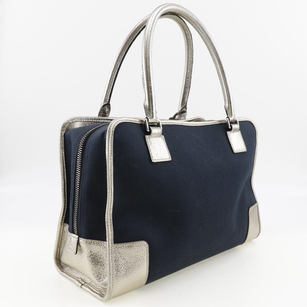 LOEWE Amazona 36 Handbag Boston bag 2010 Navy blue/Silver canvas/leather Women Used