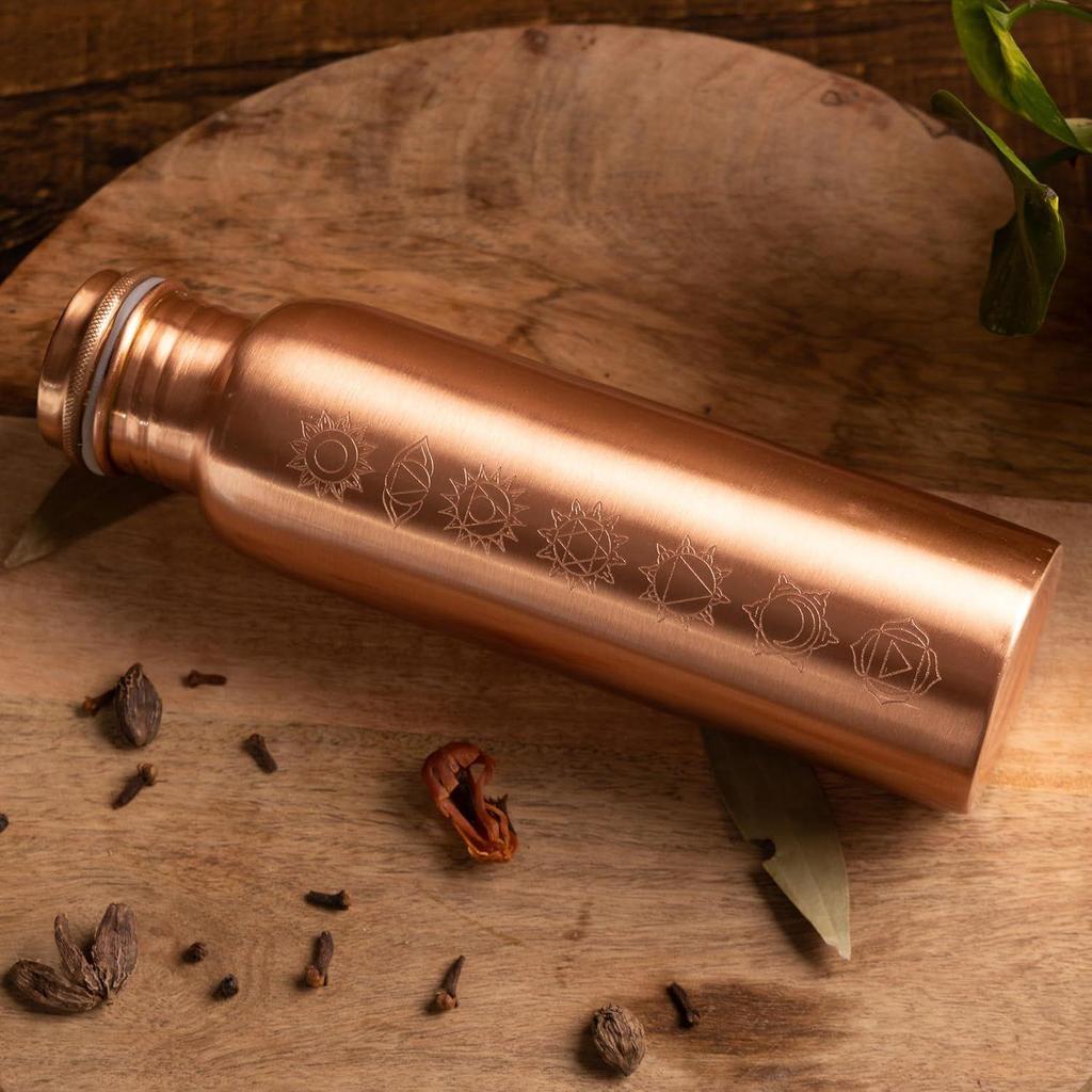 Pure 7 Chakra Plain Copper Bottle Gold Finish | Engraved | 100% Pure Copper | Leakproof