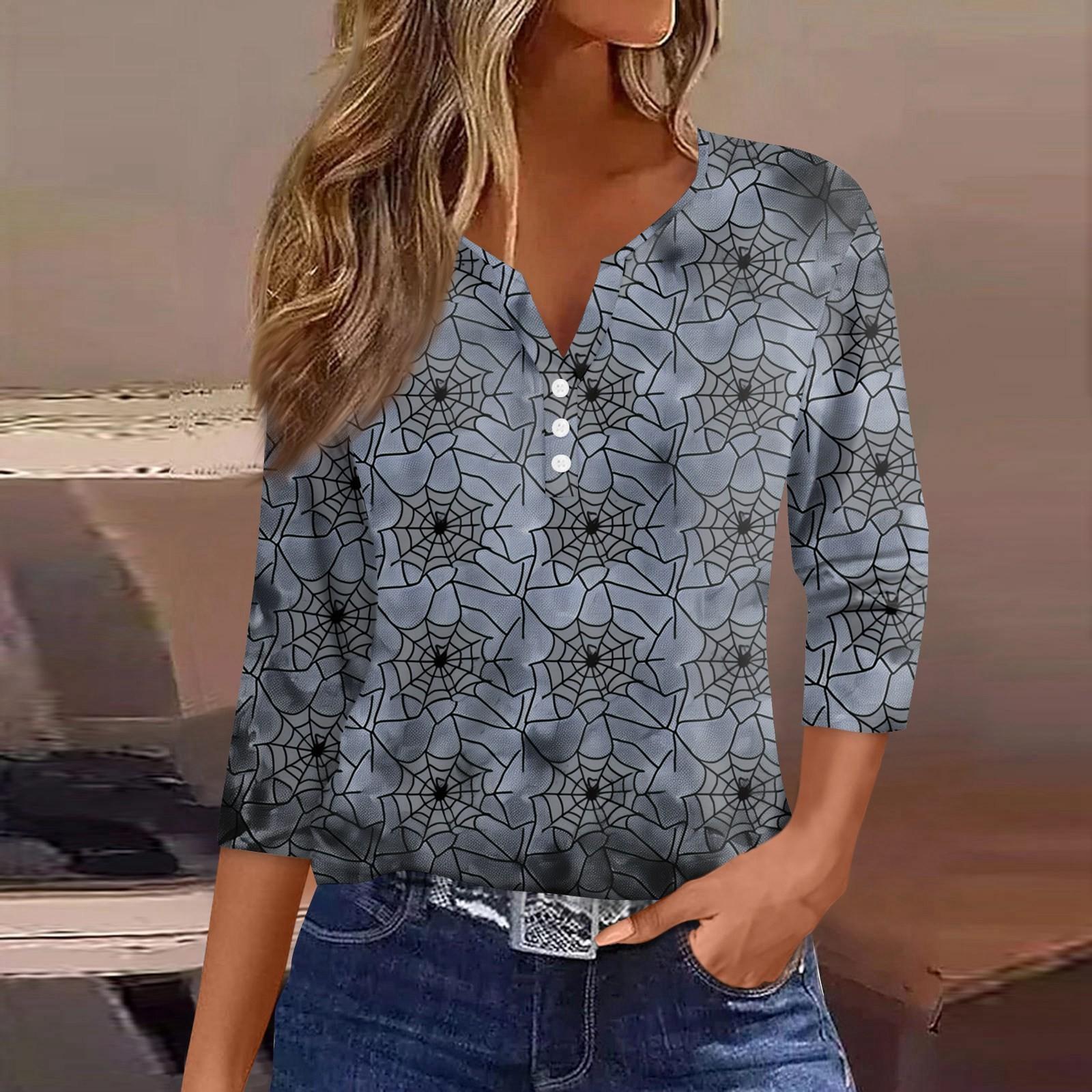 

Женская футболка Футболка Хэллоуин Принт Пуговица Рукав 3/4 Туника Повседневная Мода Выходного дня Базовая V-образный вырез Обычный топ M