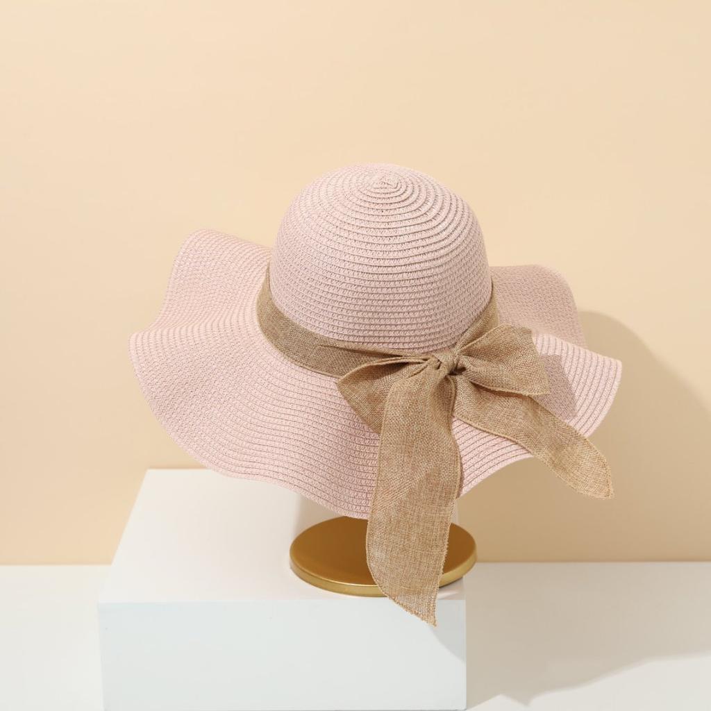 55-60cm Wide Brim Straw Beach Hat Fashion UV Protection Foldable Travel Sun Visor Cap with Bow Ribbons Portable Sun Protection