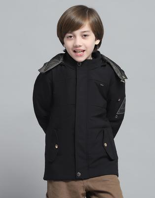Boys Solid Black Hooded Neck Full Sleeve Jacket