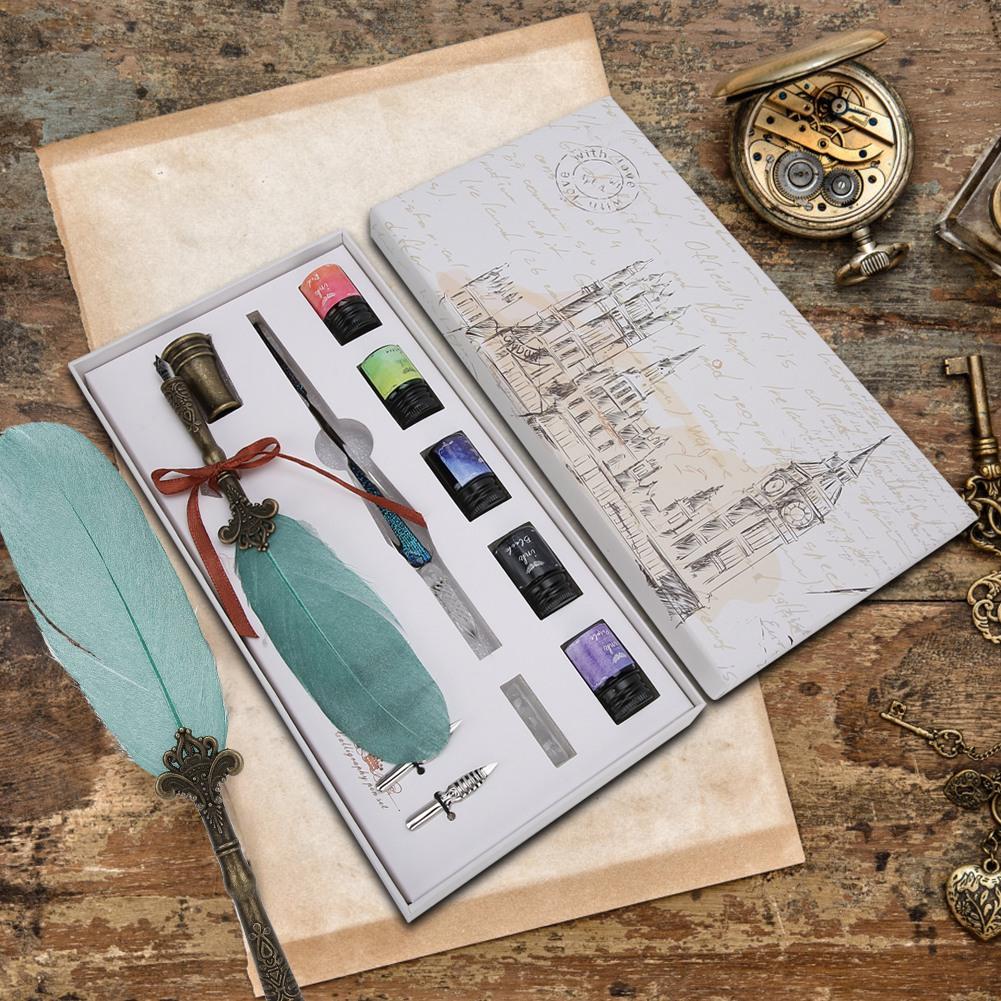 Vintage Feather Dip Pen with Ink 4 Nibs Set School Office Writing Supplies Gifts for Friends Family