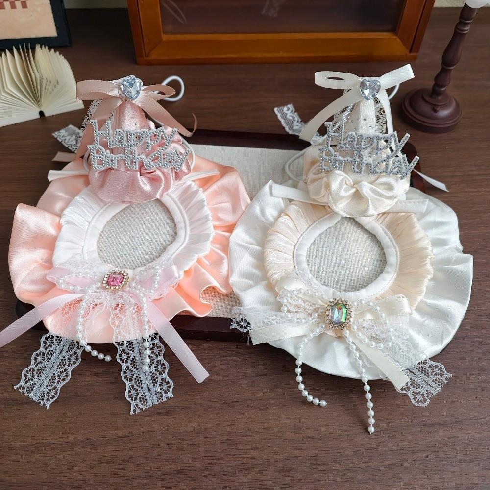 Hat Collar Set Pet Birthday Hat Pearl Bow Pet Party Outfit Pet Birthday Accessory Set  Photoshoot