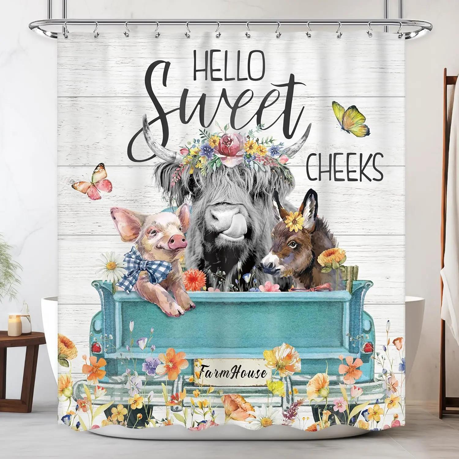 

Farm Animal Shower Curtain Cartoon Funny Highland Cow Flower Plant Barn Butterfly Home Polyester Fabric Bathroom Decor Curtains 90x180cm-35x70in
