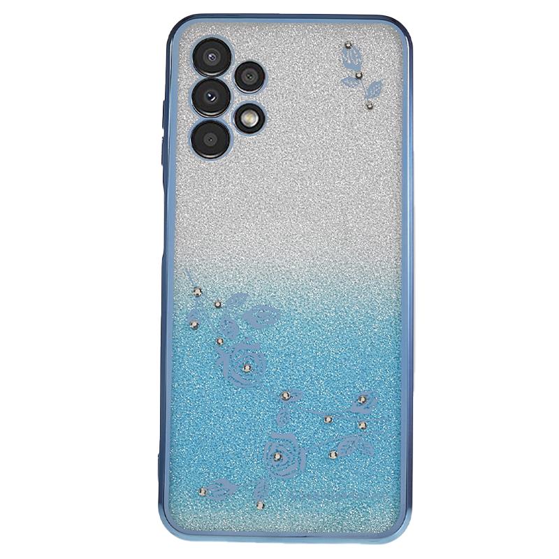 

KADEM TPU Back Case for Samsung Galaxy A13 4G Gradient Glitter Floral Pattern Rhinestone Phone Cover Blue