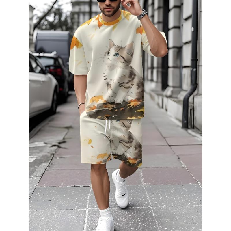 Men s short-sleeved suit with soft cute cat autumn print S