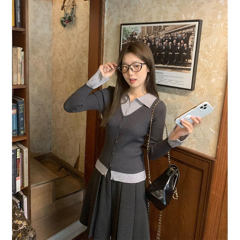 Fake Two-piece Patchwork Polo Lapel Knit Women's Bottom Shirt with A Unique Design Slim Top In Autumn and Winter