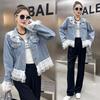 Women's Denim Jacket Fashion Lace Trim Patchwork Boutique Short Sleeve Washed Pearl Button Coat Top Small Fragrance Style