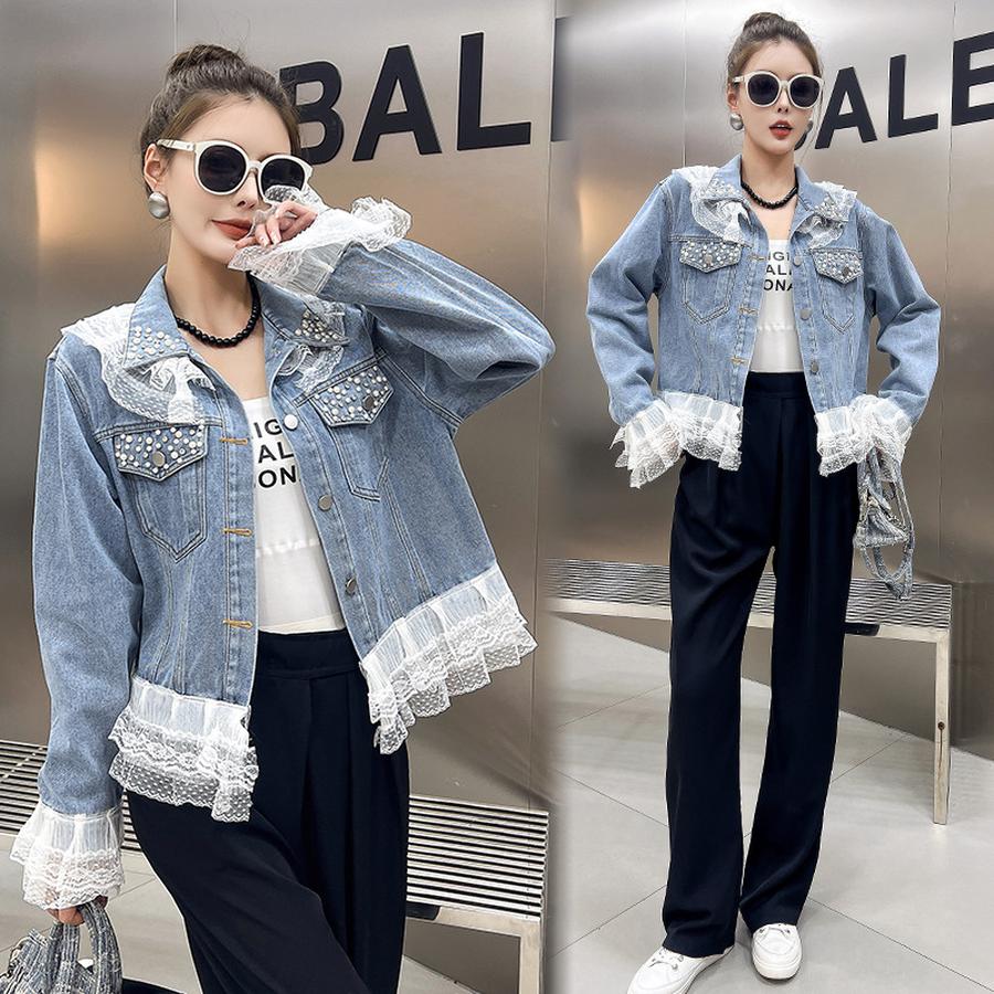 Women's Denim Jacket Fashion Lace Trim Patchwork Boutique Short Sleeve Washed Pearl Button Coat Top Small Fragrance Style