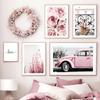 Città moderna Scenario rosa Pittura su tela Wall Art Poster e stampe Fiore di Begonia Retro Car Bike Immagini per la decorazione del soggiorno
