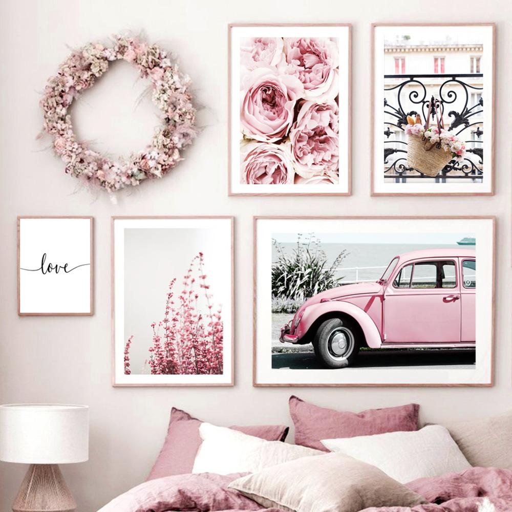 Città moderna Scenario rosa Pittura su tela Wall Art Poster e stampe Fiore di Begonia Retro Car Bike Immagini per la decorazione del soggiorno