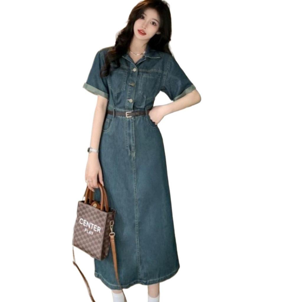 Women's Chic Hong Kong Style Retro Polo Collar Denim Dress - Slim-Fit, Waist-Cinching, Short Sleeve, Mid-Length A-Line Skirt, Summer Collection