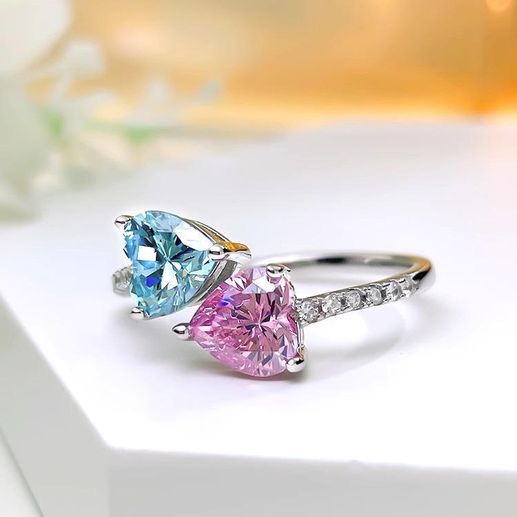 Luxuriöser offener Ring in Herzform, Rosa, mit hochkohlenstoffhaltigem Diamant, Modeschmuck für Damen