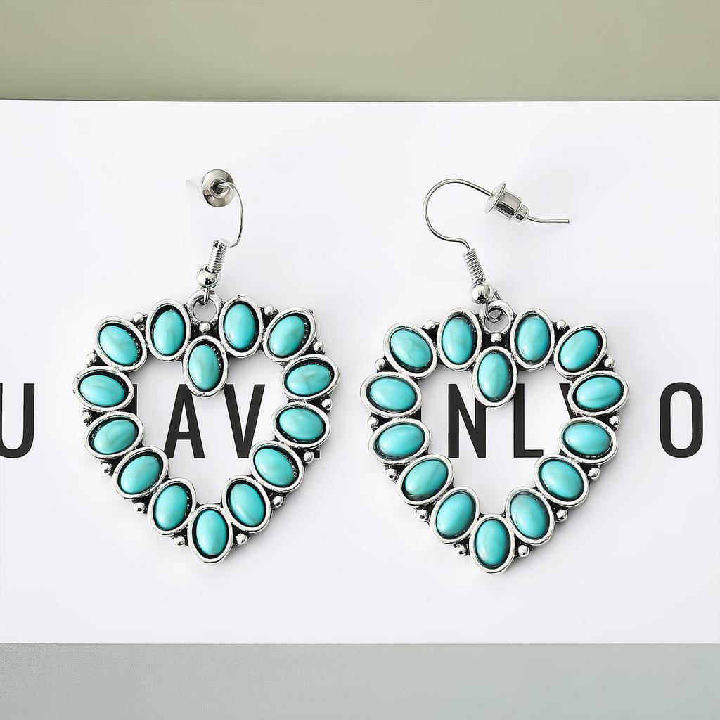 Hollow Turquoise Love Earrings High Sense Retro Ethnic Style Earrings Female Bohemian Earrings