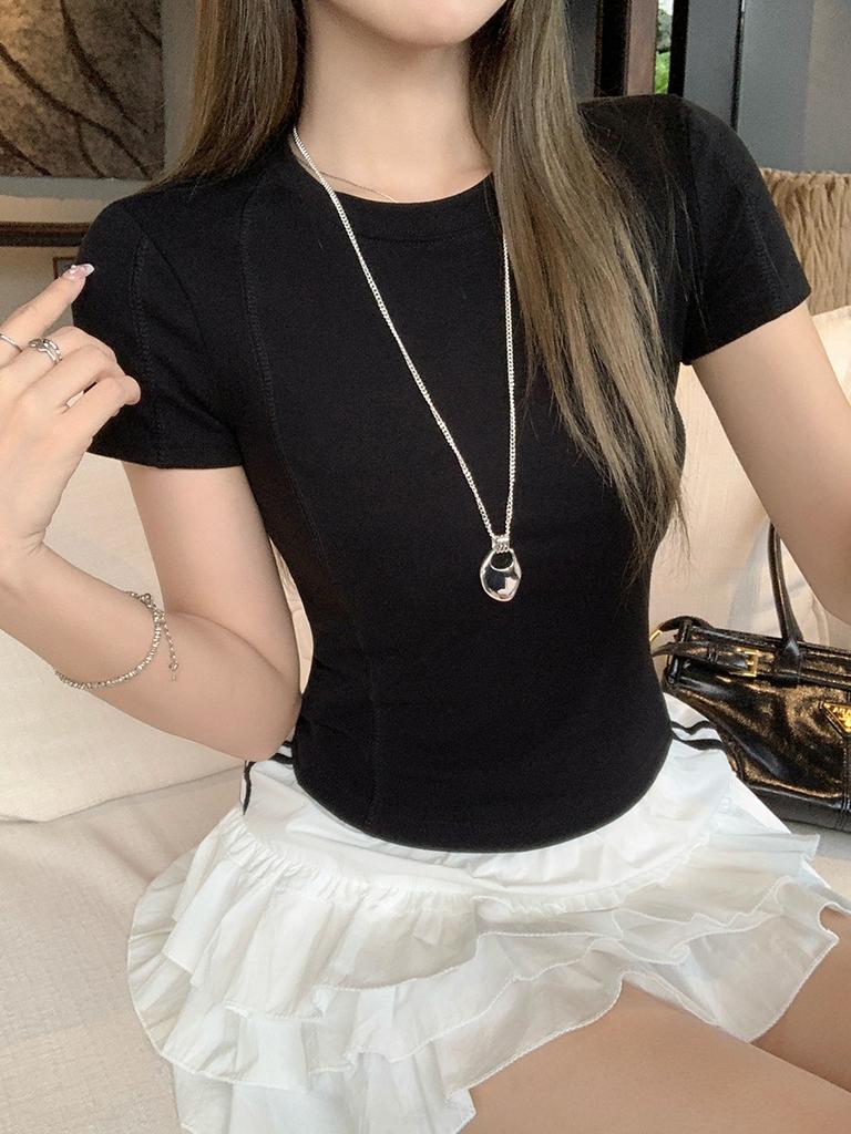Korean White Basic Round Neck Design Short-sleeved T-shirt Women's Summer New Bright Line Chic Top