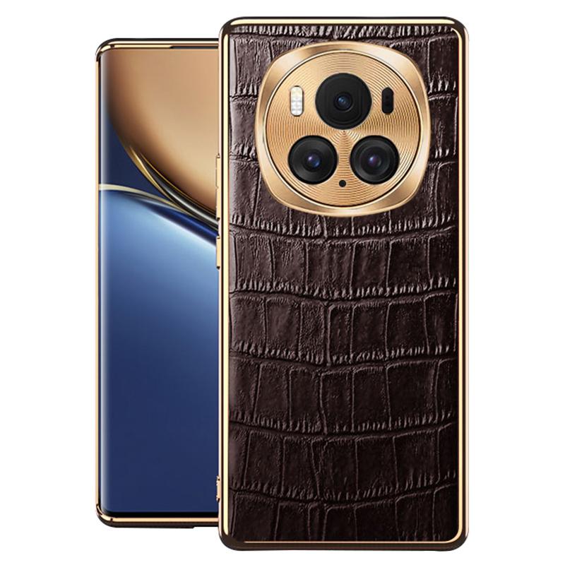 

Чехол для мобильного телефона Honor Magic6 Pro 5G с крокодиловой текстурой из натуральной коровьей кожи + ТПУ + металлический чехол для телефона Coffee