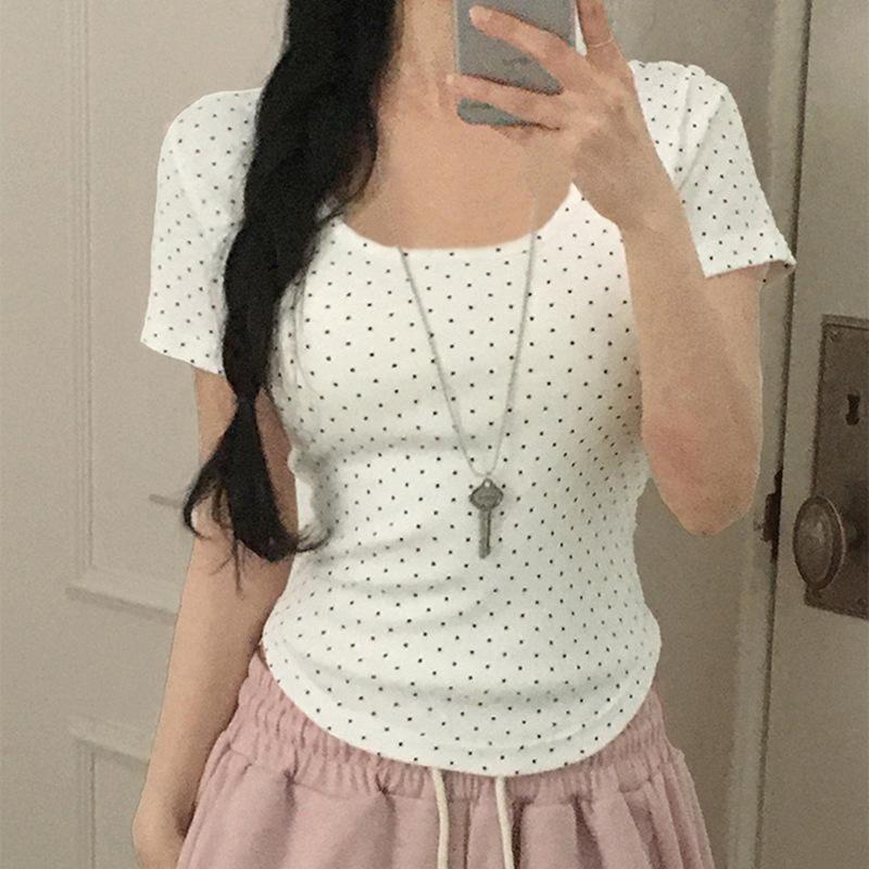 Gentle Wind Polka Dot Printed Short-sleeved T-shirt Women's Summer Pure Desire Sweet Spice Girl Inner Bottoming Shirt Slim-fitting Short