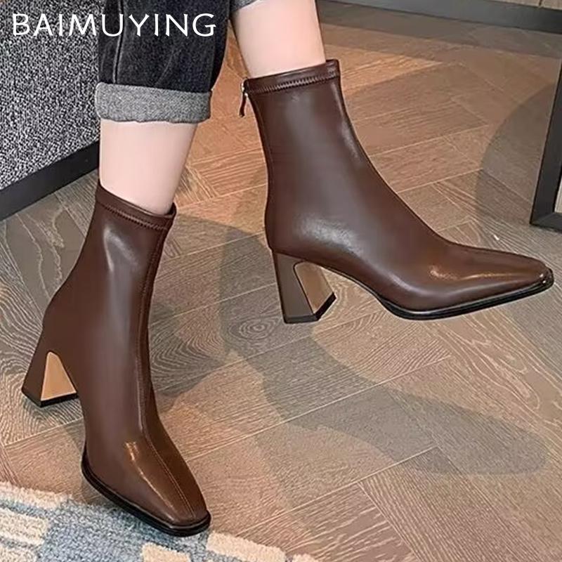 Botines Invierno Zapatos Mujer Cuero Puntera Cuadrada Tacones Altos Zapatos Sexy Tendencia 2025 Moda Zapatos Gruesos Góticos Chelea Botas Mujer