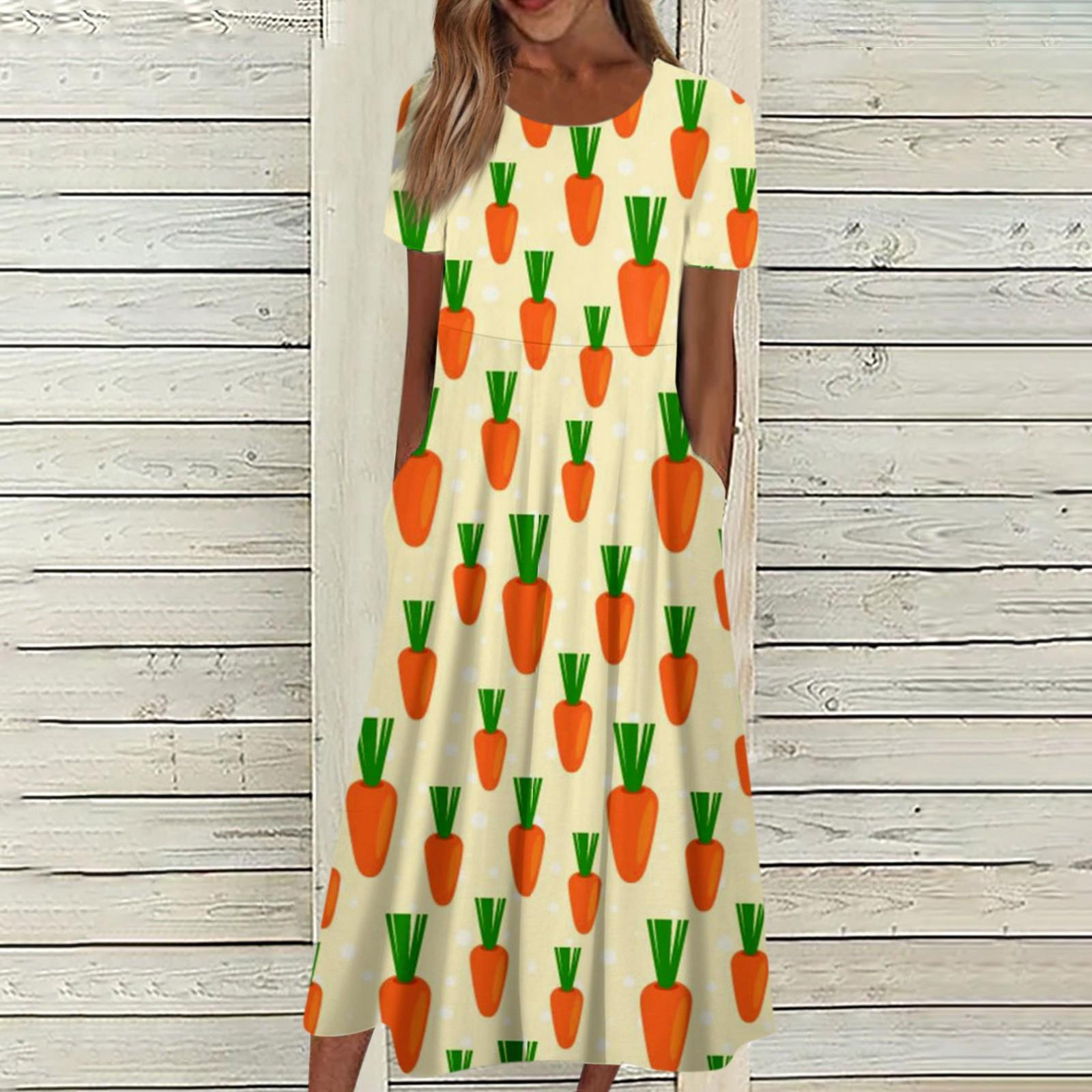 

Жіноча літня повсякденна модна великодня сукня з принтом і короткими рукавами з круглим вирізом і кишенями XL жовтий