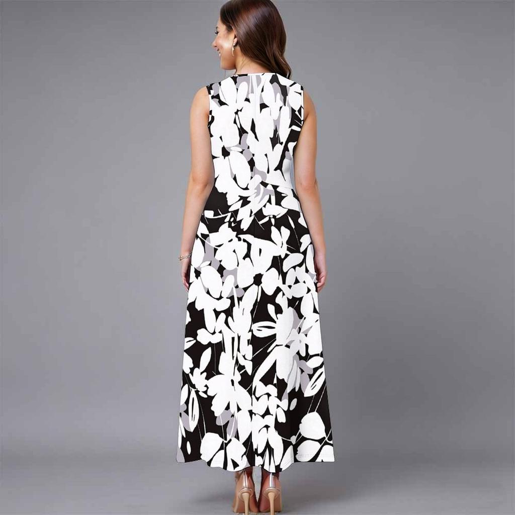 Ladies Oversized Sleeveless Round Neck Dress Fresh Watercolor Blossom Flowy Midi Dress
