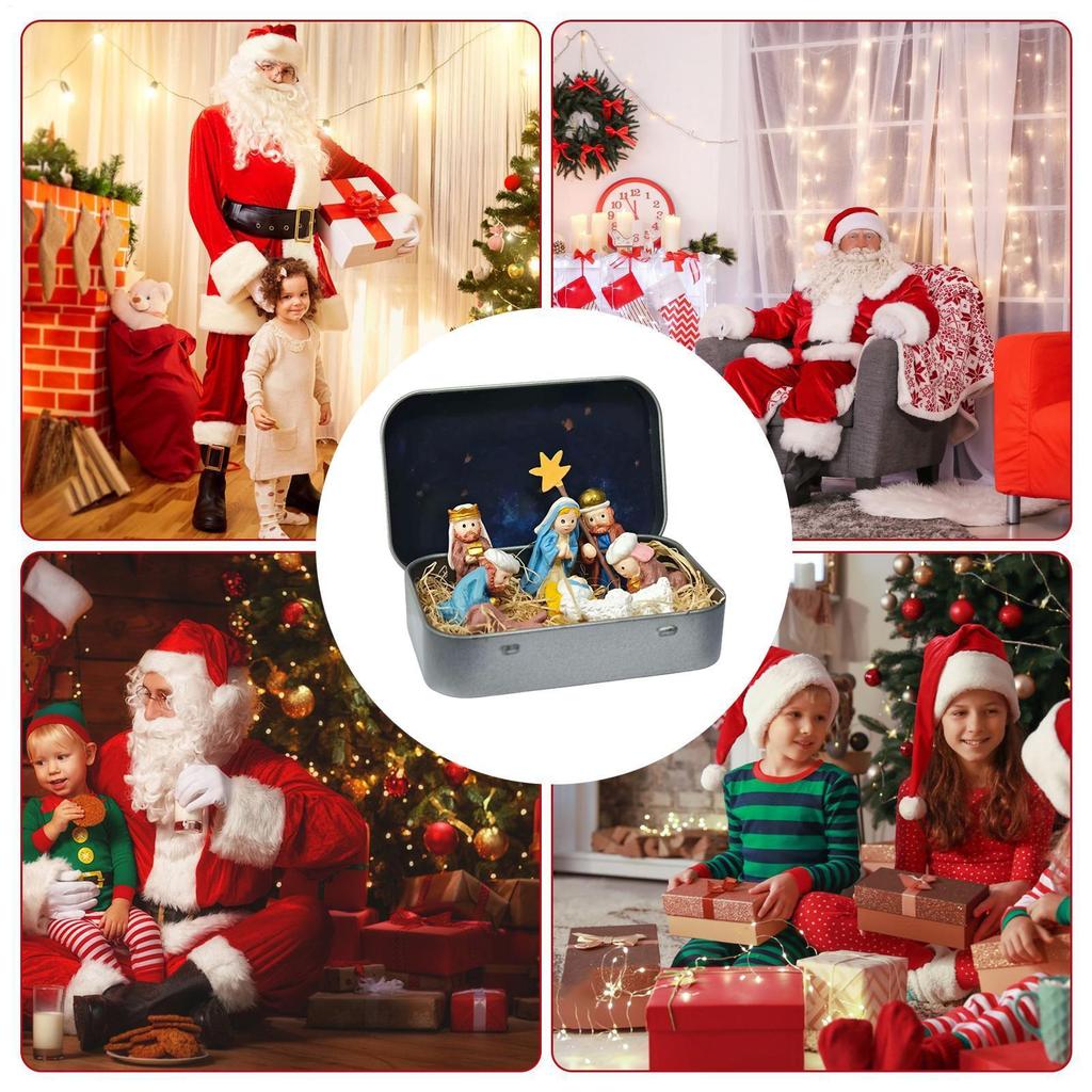 Nativity Set in Tin Box Mini 3D Small Religious Holy Figurines Holy Family Christmas Religious Decoration for Desk Shelf Office