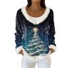 Women's Fashion Plush V Neck Pullover Top Long Sleeve Tee Christmas Printed Sweatshirt