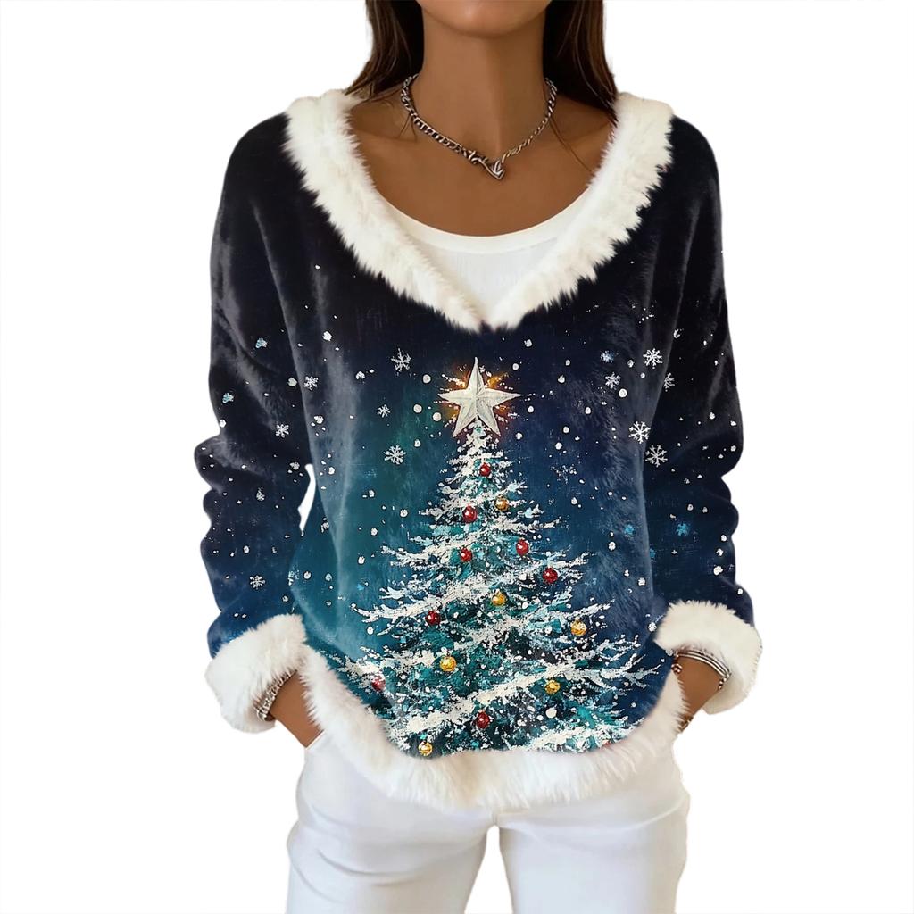 Women's Fashion Plush V Neck Pullover Top Long Sleeve Tee Christmas Printed Sweatshirt