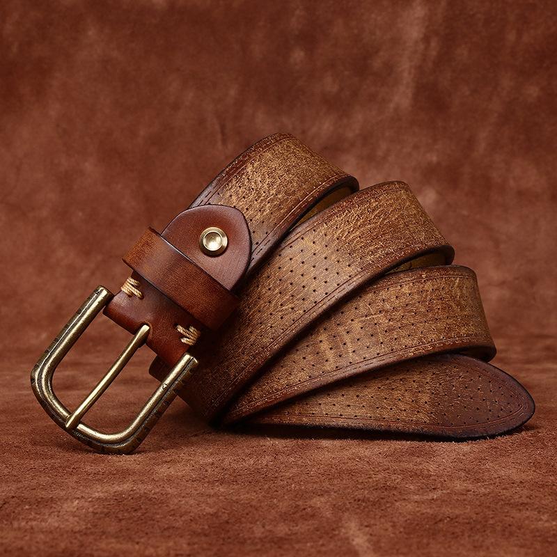 

Мужской кожаный ремень, индивидуальный тренд, утолщение, очень толстый полый кожаный ремень, мужской кожаный ремень с латунной пряжкой, первый слой коровьей кожи, выцветший, винтажный 130cm