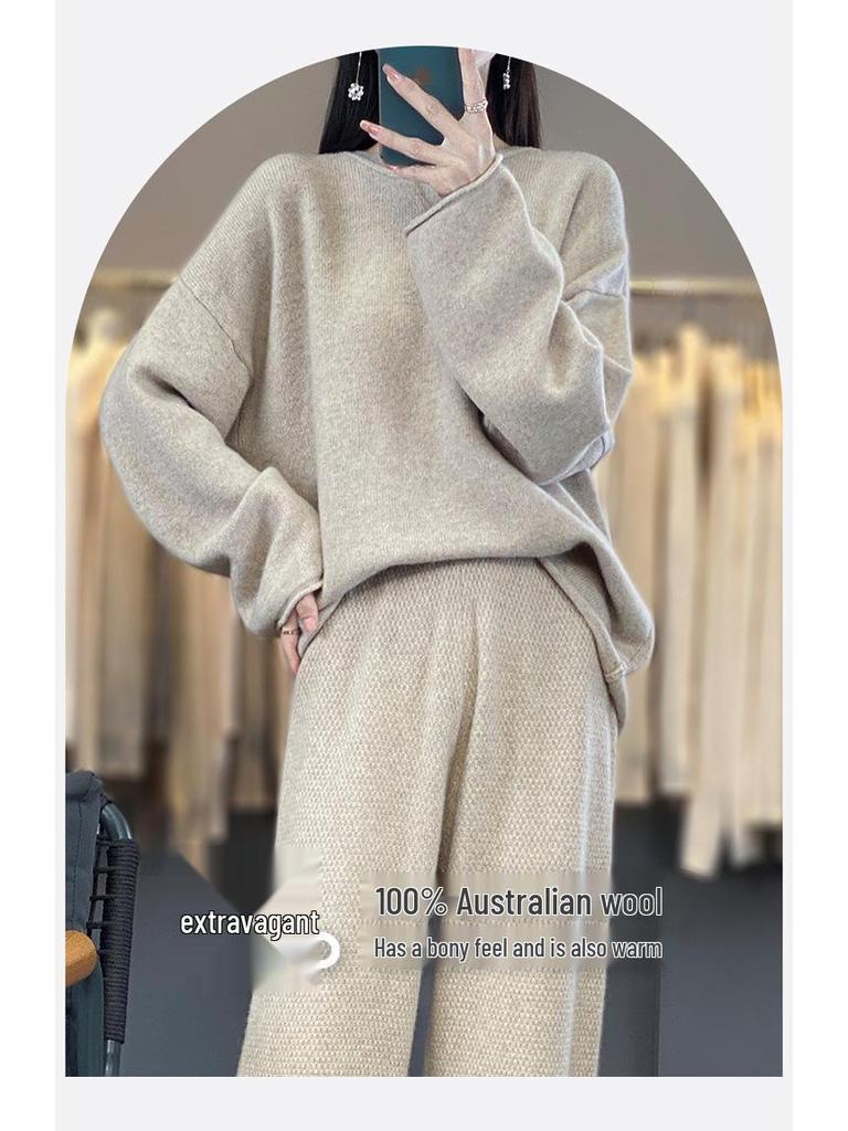 Damen 100% Wolle Strick Zweiteiler: Rundhals-Cardigan & Weitbeinige Hose