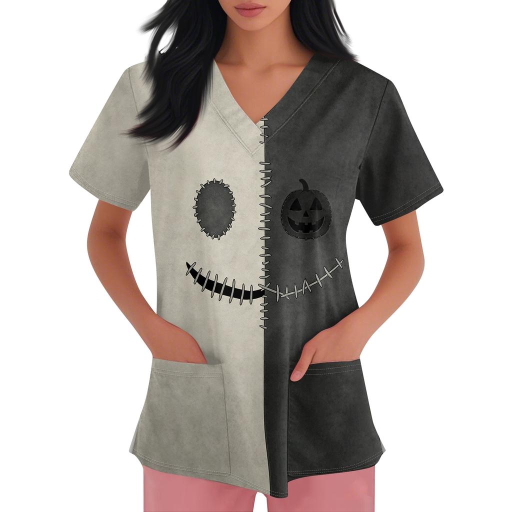 Women's Halloween Print Short Sleeve V-Neck Scrub Top with Pocket