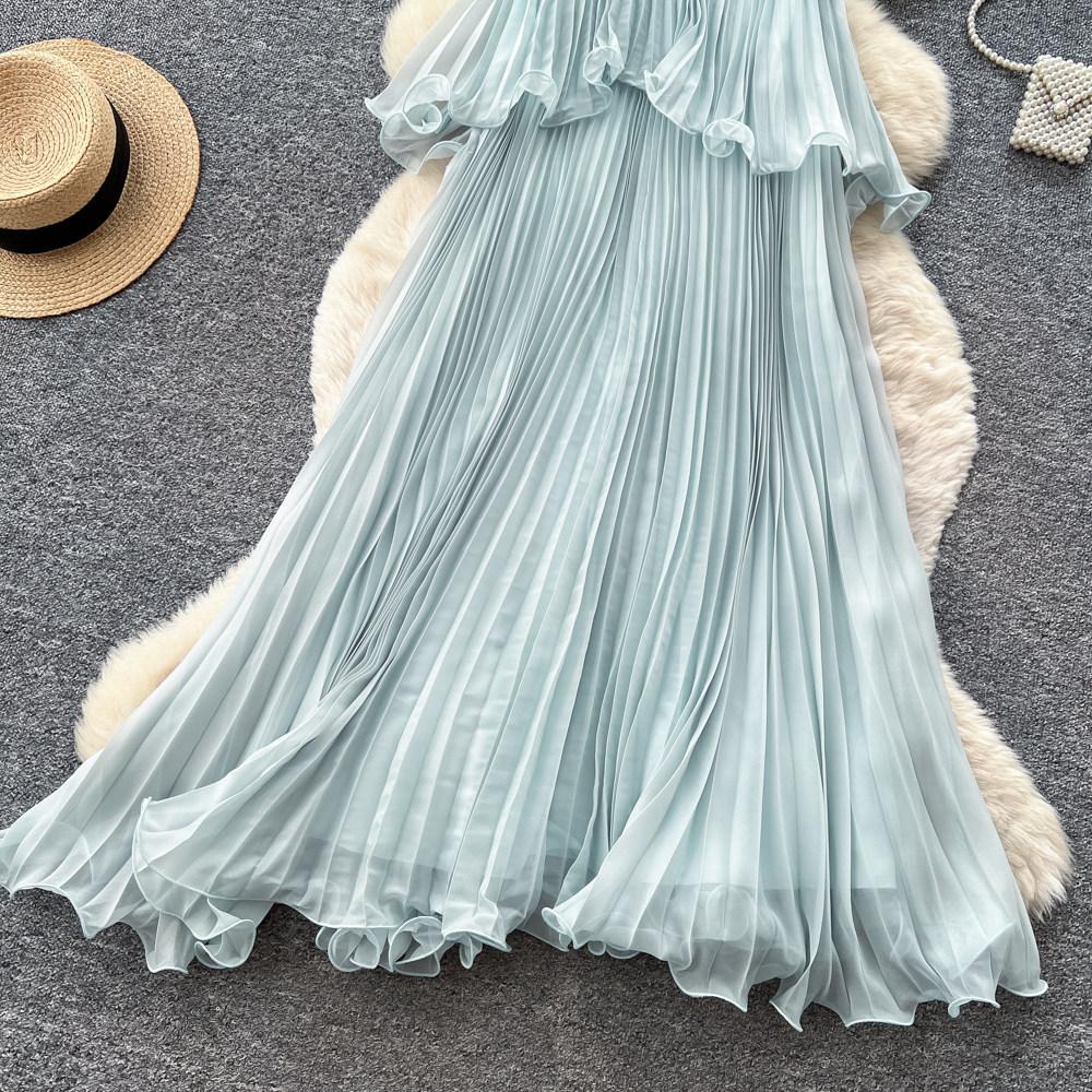 Holiday Wind Light Blue Suspender Sleeveless Dress Women's Summer Ruffle Edge High Waist Thin Pleated Fairy Long Dress