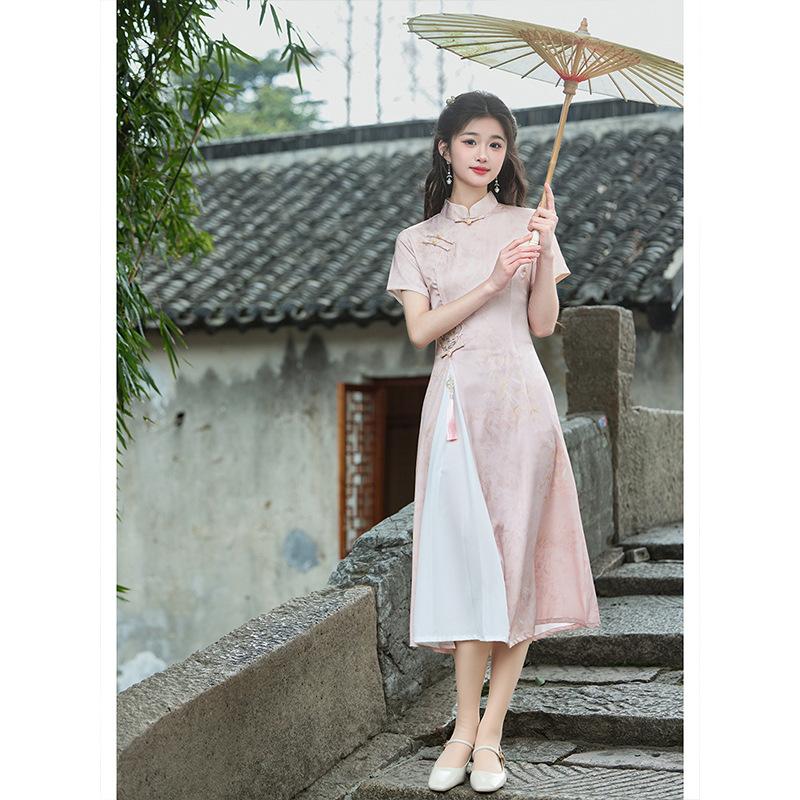 Pink cheongsam 1011 new Aodai improved young tea clothes women's new Chinese style daily wear national style dress
