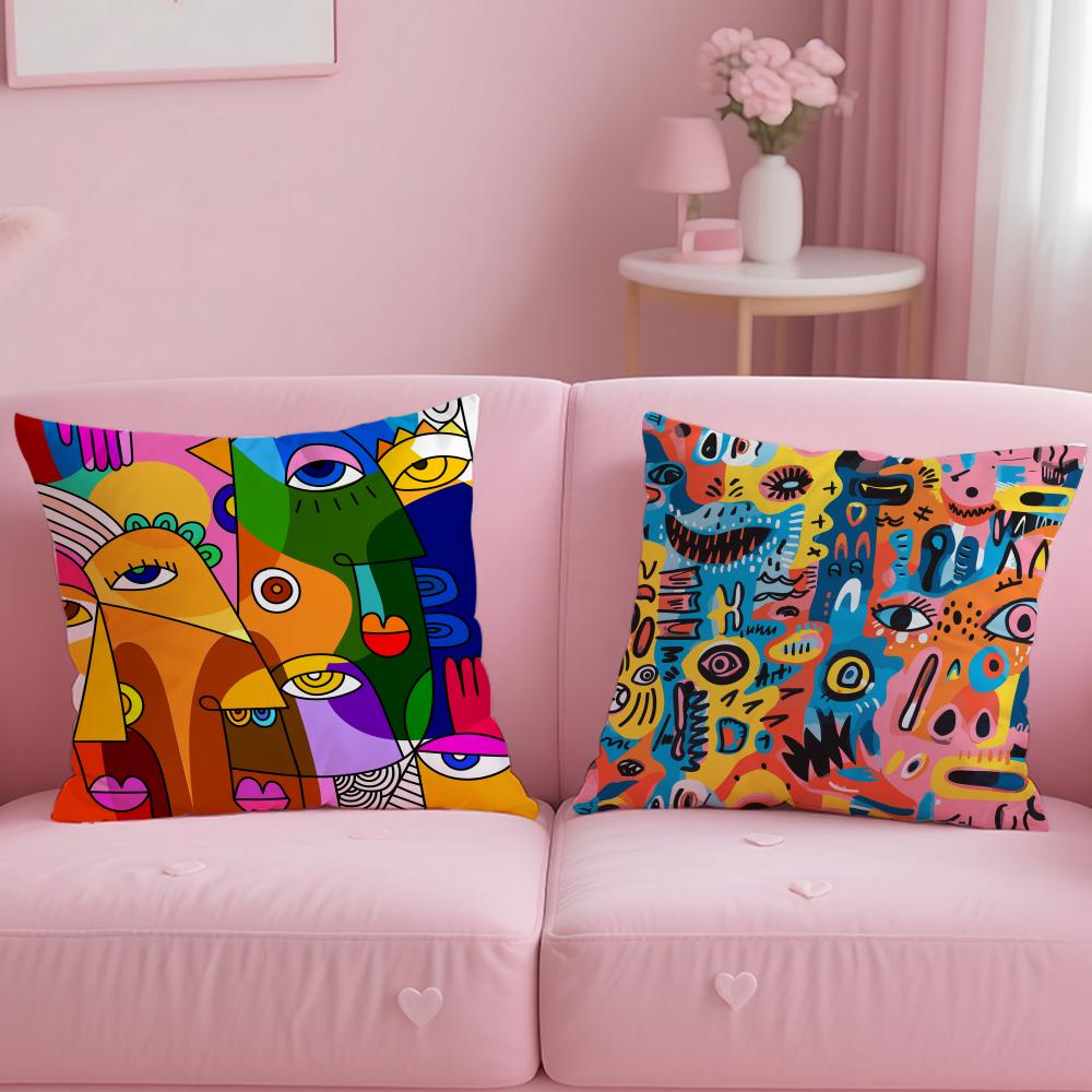 art theme Colorful Abstract Faces Cushion Cover Soft  EasyWash Pillow Case  Versatile for Couch Bed Travel and Office