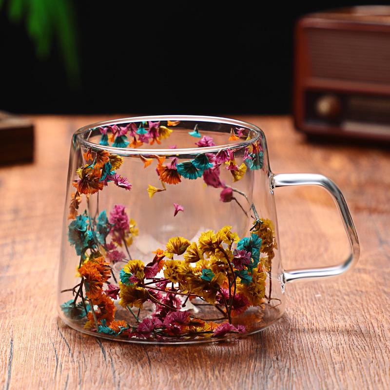 High Appearance Double Layer Petal Quicksand Glass Cup with Real Dried Flowers