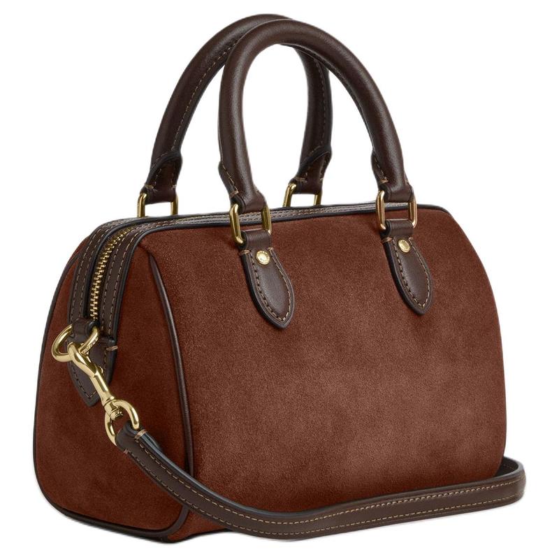 Coach Rowan 17 Logo Dorato Texture Scamosciata Pelle di Mucca Borsa da Viaggio Boston Duffel Piccola da Donna Vintage Marrone