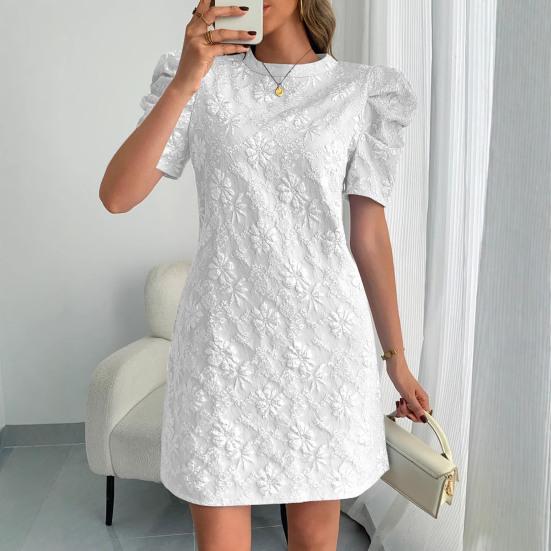 Women's Textured Jacquard Dress Crewneck Short Puff Sleeve A-line Dress Summer Floral Mini Dresses