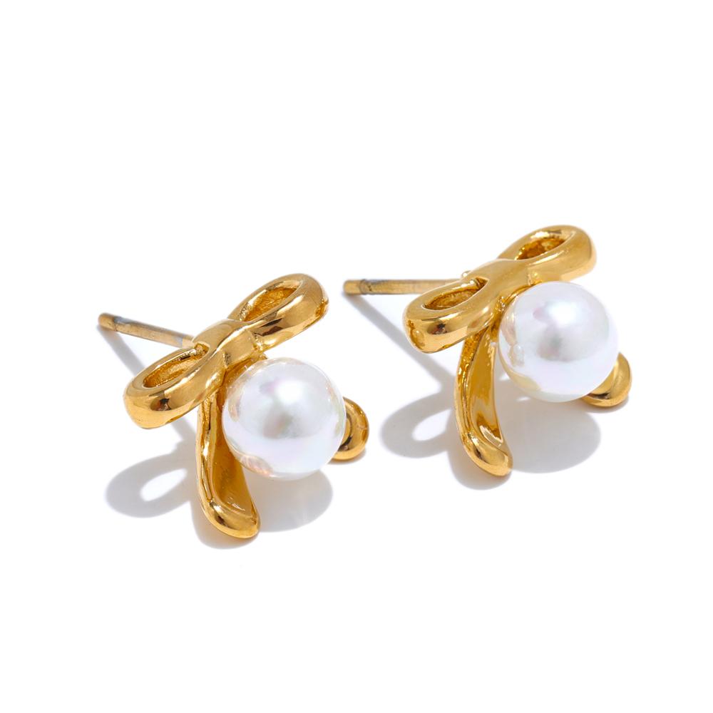 Yhpup Elegant Imitation Pearls Bead Bow Knot Stud Earrings Fashion Stainless Steel Korean Style Daily Jewelry Wholesale