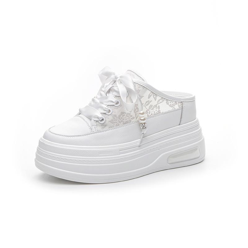 Leather Bag Head Half Slippers Women's Outer Wear 2025 Spring and Summer New Mesh Breathable Thick Sole Inner Height Increase Women's Shoes 9CM Tide