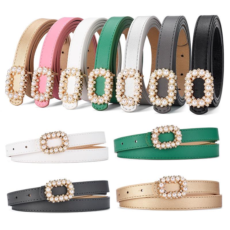 Pearl-Inlaid Ladies' Thin Waistband Fashionable Leather Belt with Decorative Plate Buckle