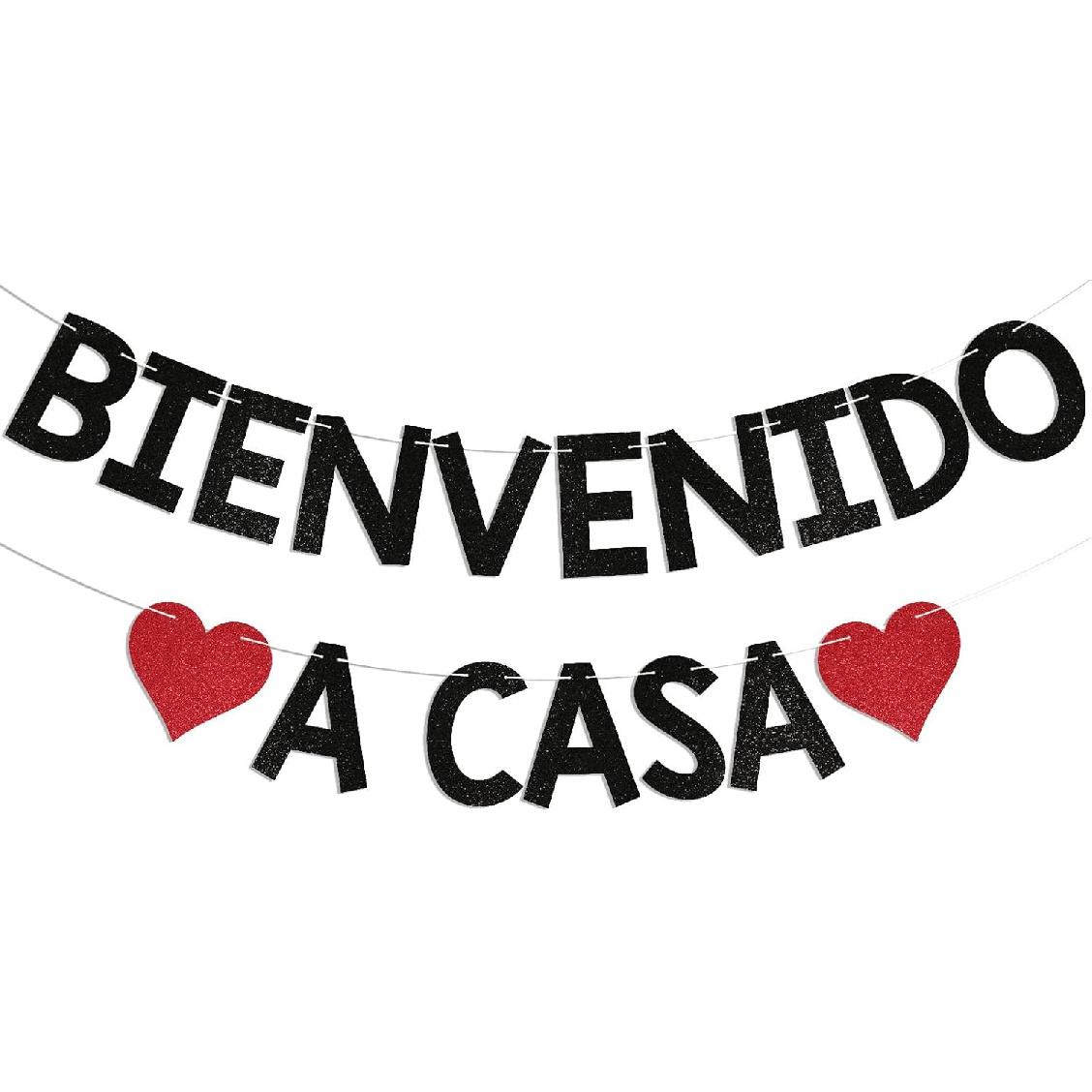 Bienvenido a Casa Banner - Spanish Welcome Home Banner, Welcome Home Decorations, Homecoming Party Decorations Black Glitter