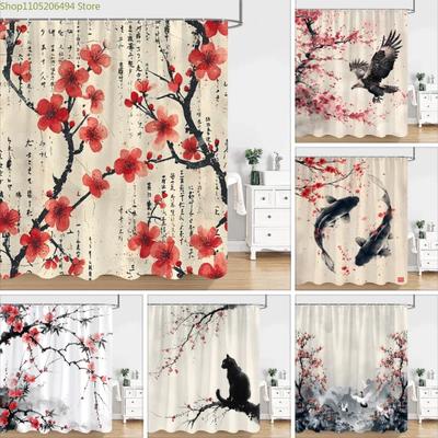 Rideau de douche peinture à l'encre sino-japonaise Fleur de prunier rouge Peinture artistique Style rétro Rideaux de douche en polyester Déco Salle de bain